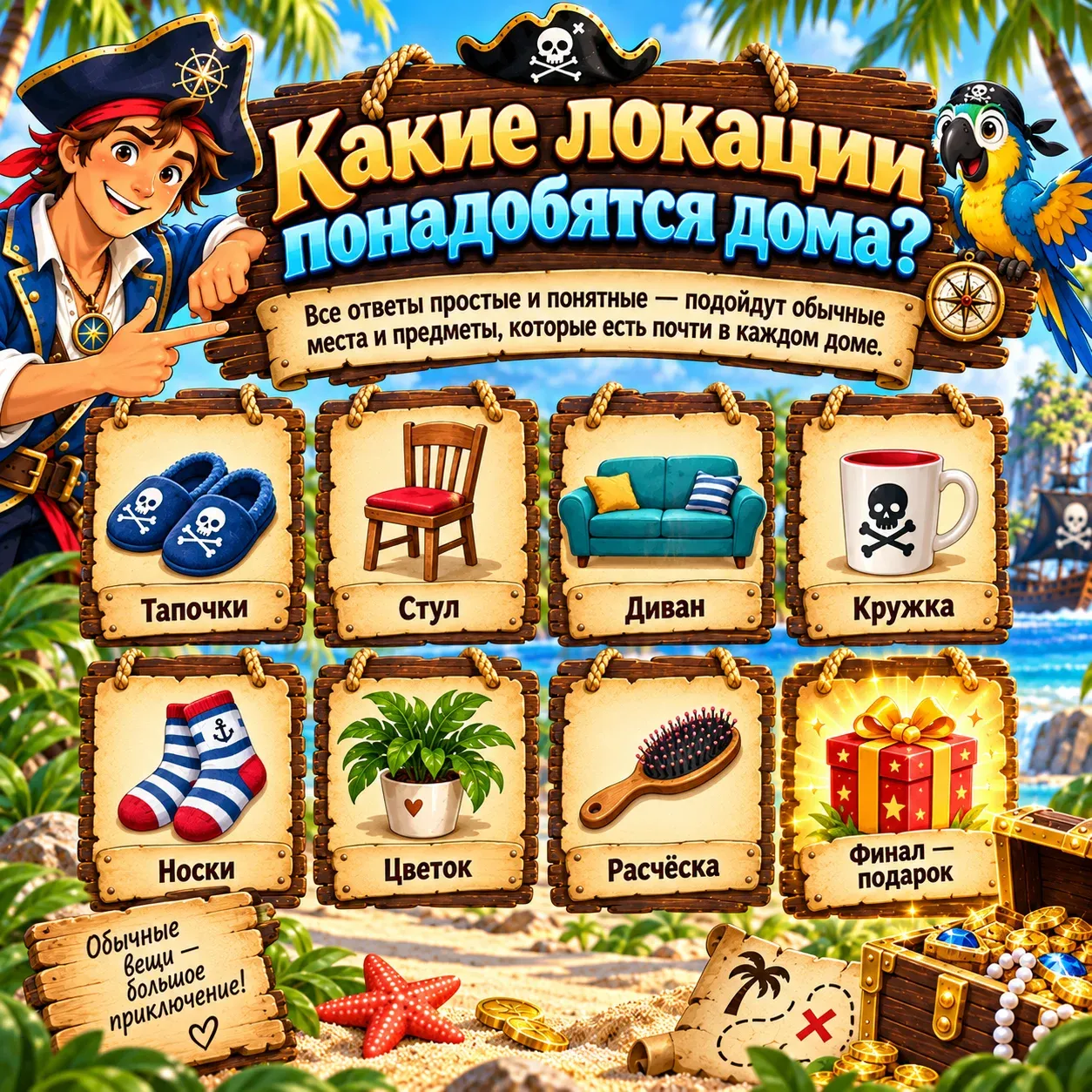 Тайники для квеста дома – тапочки, стул, диван, кружка, носки, цветок и расчёска