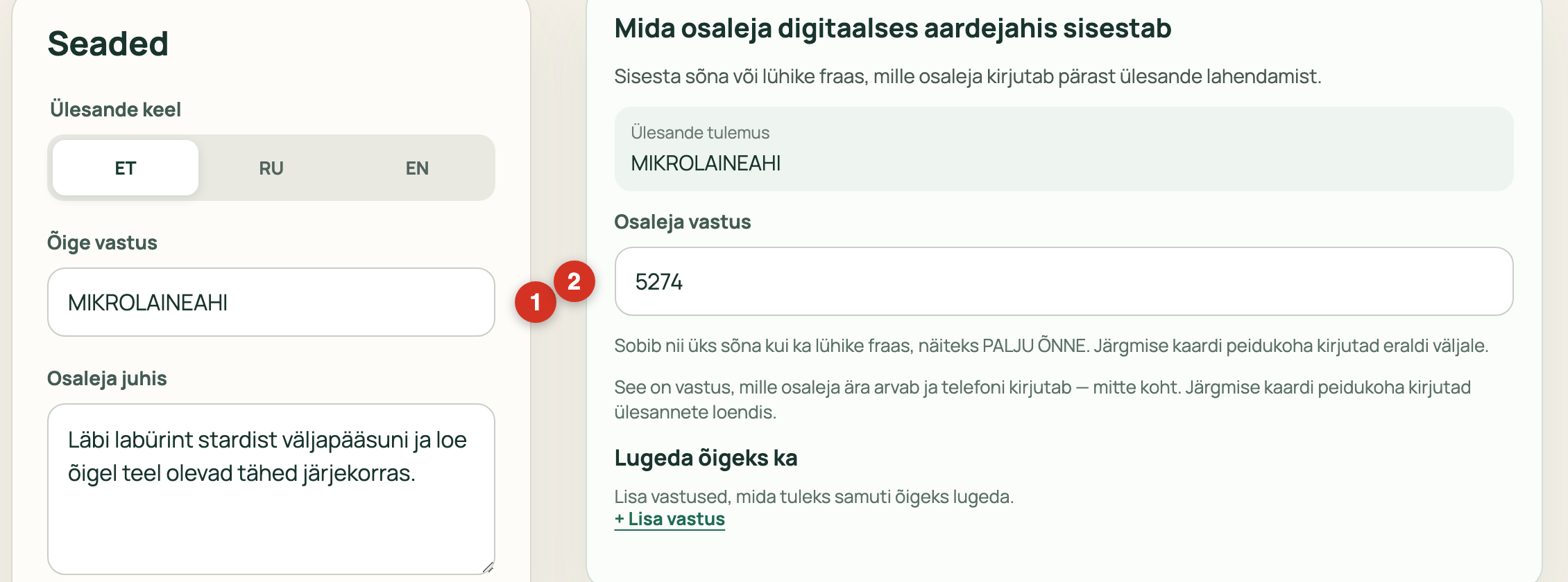 Vastuse paneel: ülesande tulemus MIKROLAINEAHI ja osaleja vastus 5274