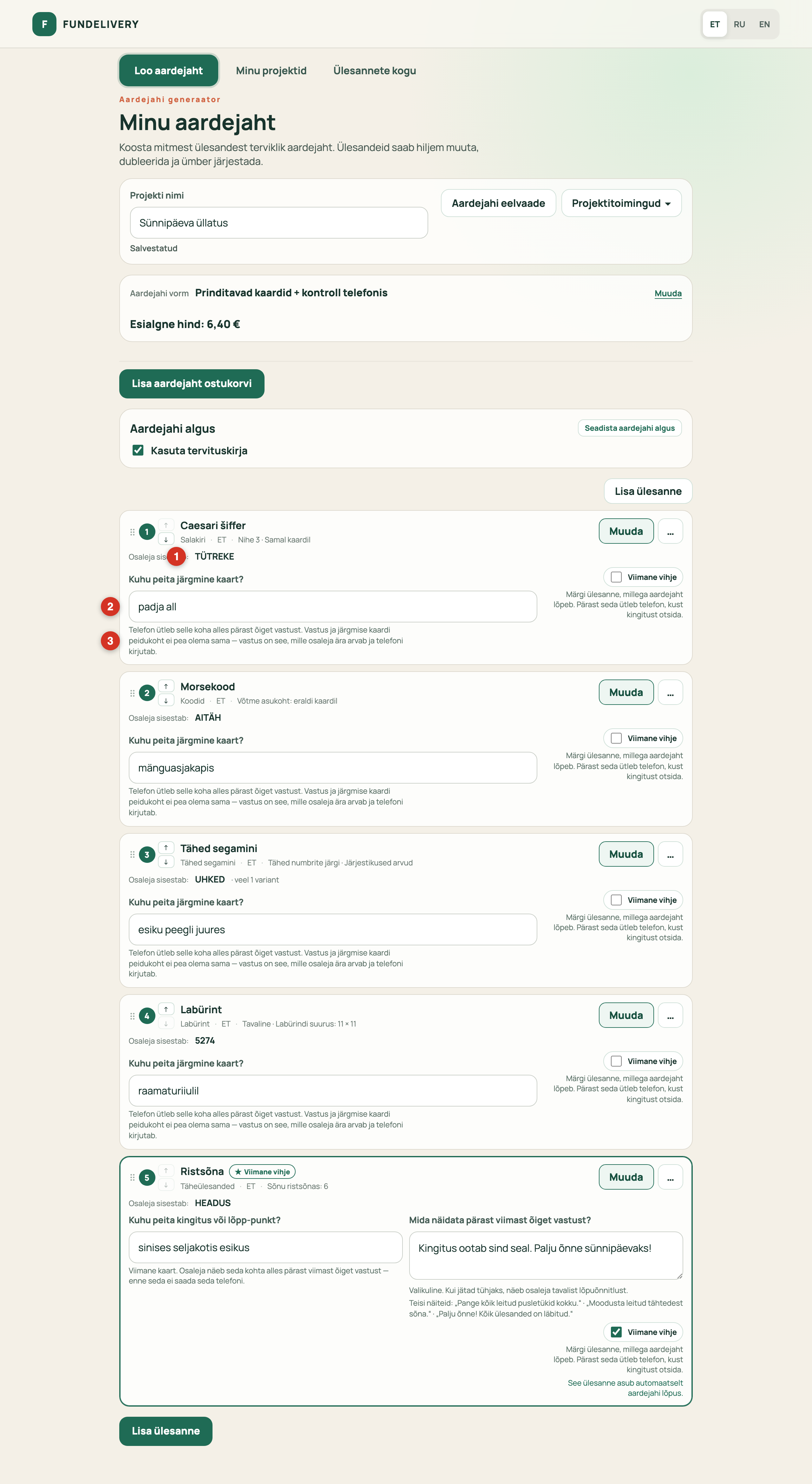 Ülesannete nimekiri formaadis „kaardid + telefon“ koos kohtade väljadega