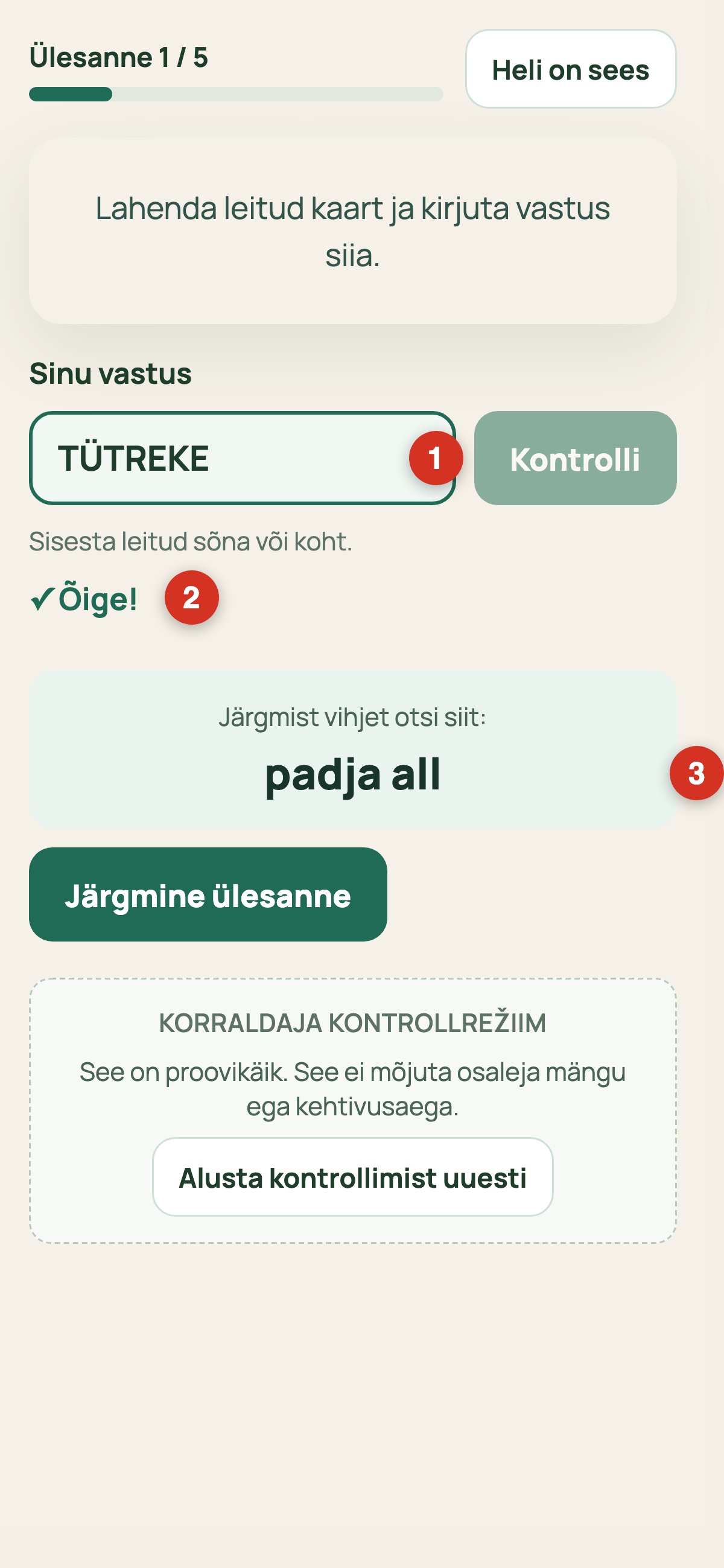 Ekraan pärast õiget vastust: kinnitus ja järgmise kaardi asukoht